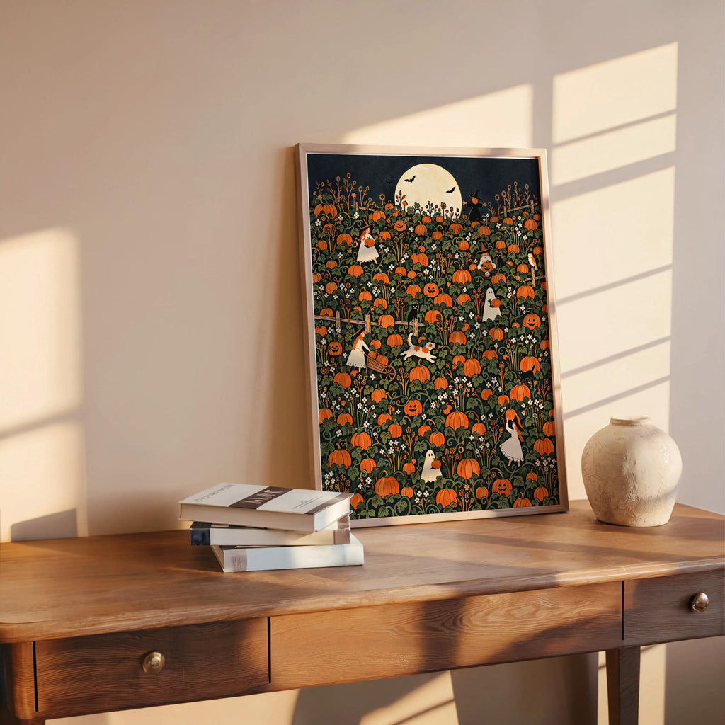 Pumpkin Patch Halloween Harvest Print, Whimsical Ghost Wall Art, Autumn Fall Poster, Folk Illustration, Spooky Season Gift, Kids Room Decor