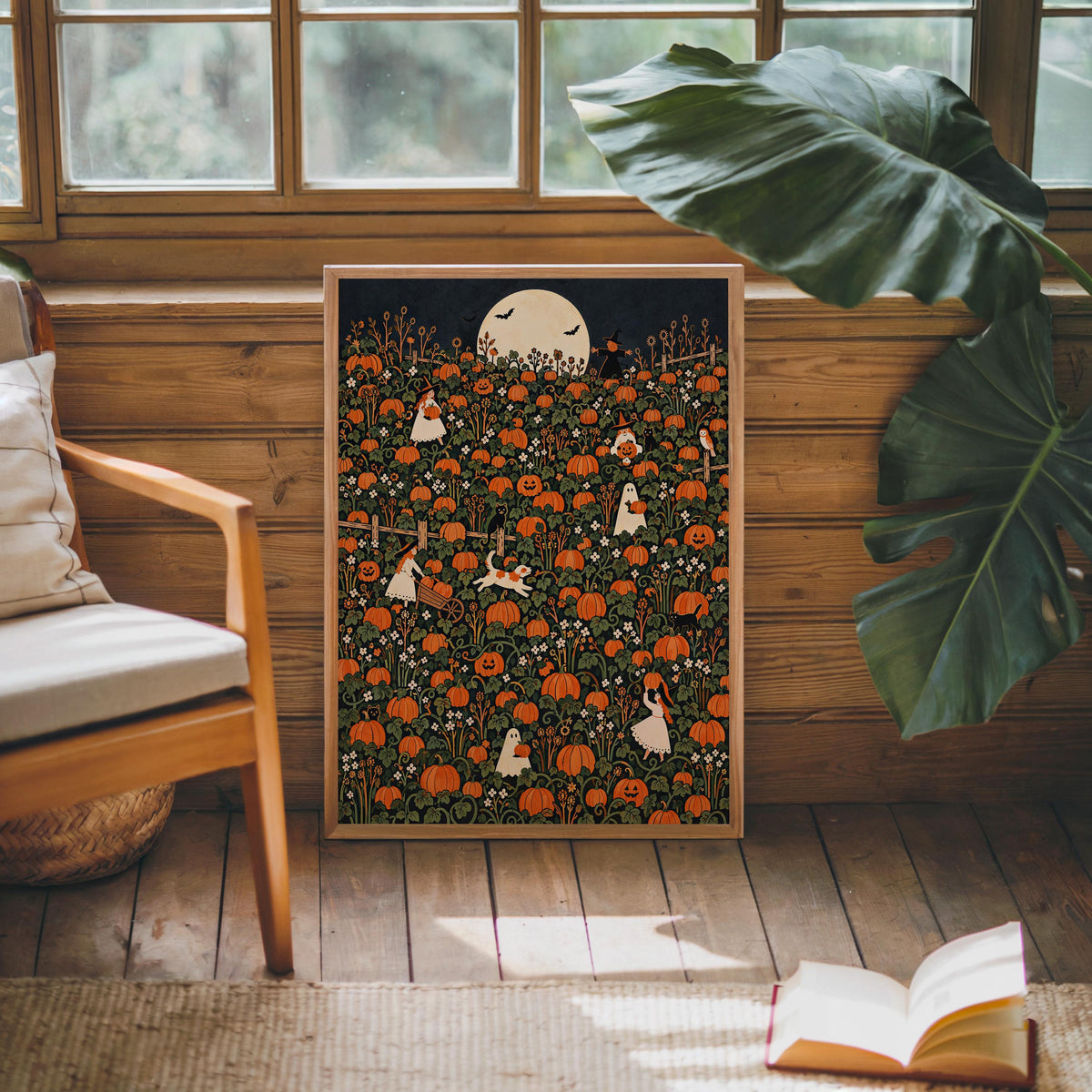Pumpkin Patch Halloween Harvest Print, Whimsical Ghost Wall Art, Autumn Fall Poster, Folk Illustration, Spooky Season Gift, Kids Room Decor