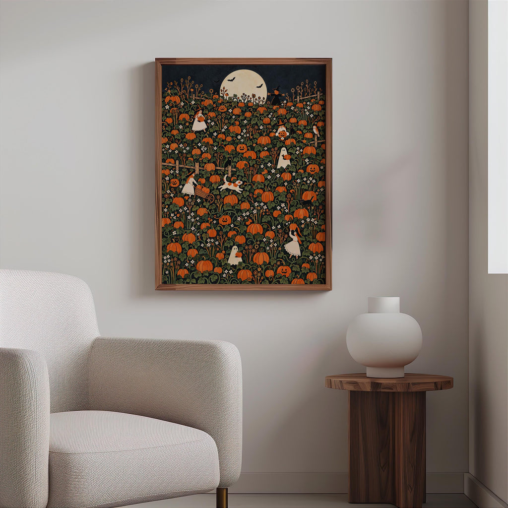 Pumpkin Patch Halloween Harvest Print, Whimsical Ghost Wall Art, Autumn Fall Poster, Folk Illustration, Spooky Season Gift, Kids Room Decor