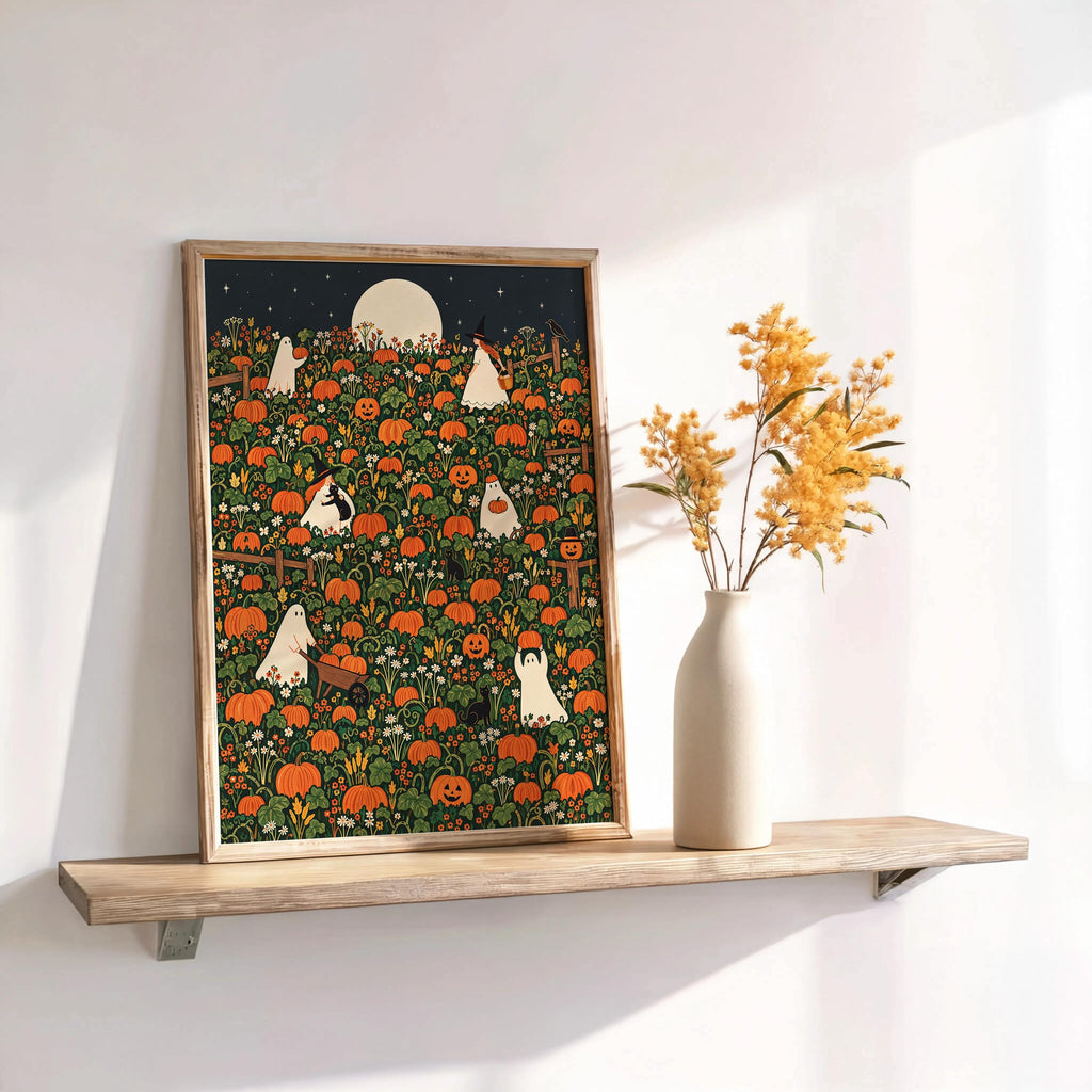 Halloween Pumpkin Patch Wall Art, Whimsical Autumn Harvest Poster, Moonlit Fall Decor, Ghost, Witch, Cat Pumpkin Lover Gift