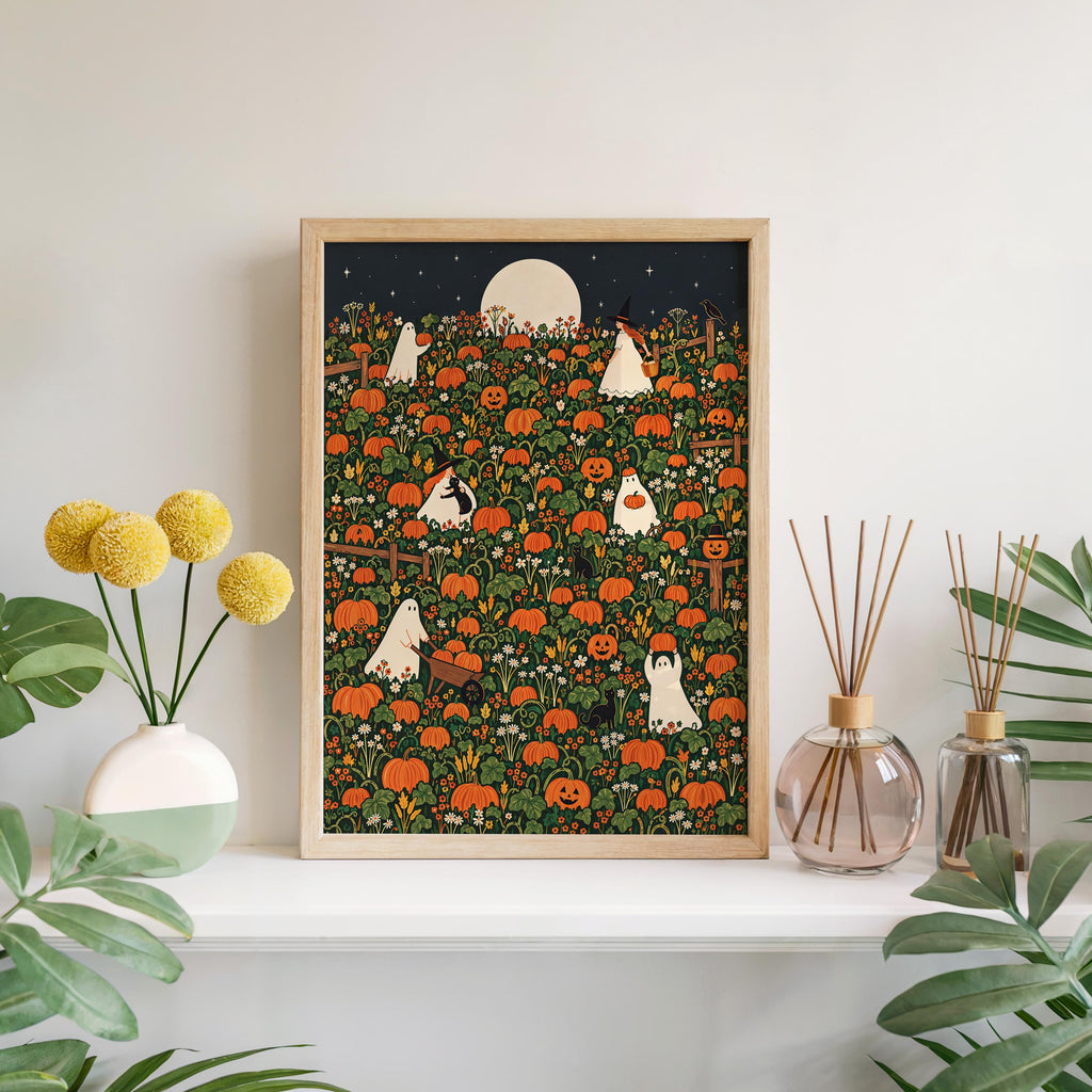 Halloween Pumpkin Patch Wall Art, Whimsical Autumn Harvest Poster, Moonlit Fall Decor, Ghost, Witch, Cat Pumpkin Lover Gift