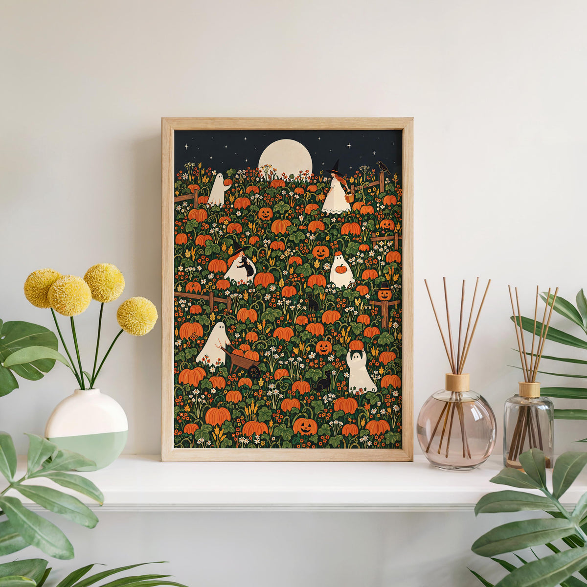 Halloween Pumpkin Patch Wall Art, Whimsical Autumn Harvest Poster, Moonlit Fall Decor, Ghost, Witch, Cat Pumpkin Lover Gift