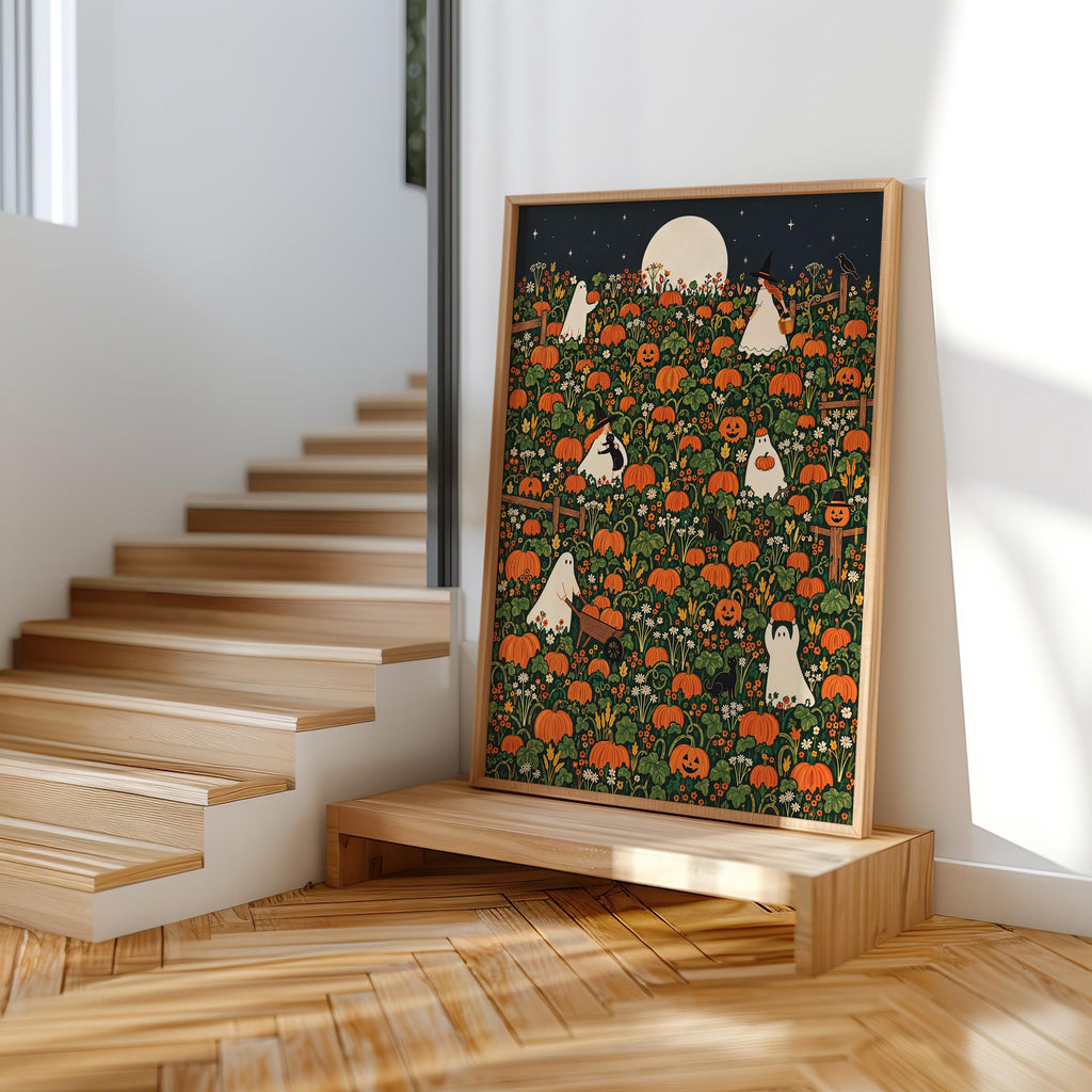 Halloween Pumpkin Patch Wall Art, Whimsical Autumn Harvest Poster, Moonlit Fall Decor, Ghost, Witch, Cat Pumpkin Lover Gift