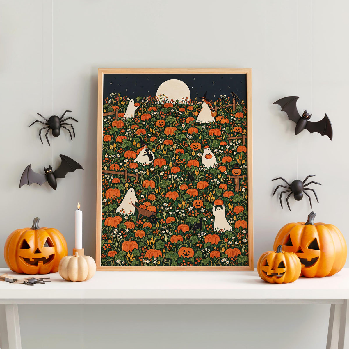 Halloween Pumpkin Patch Wall Art, Whimsical Autumn Harvest Poster, Moonlit Fall Decor, Ghost, Witch, Cat Pumpkin Lover Gift