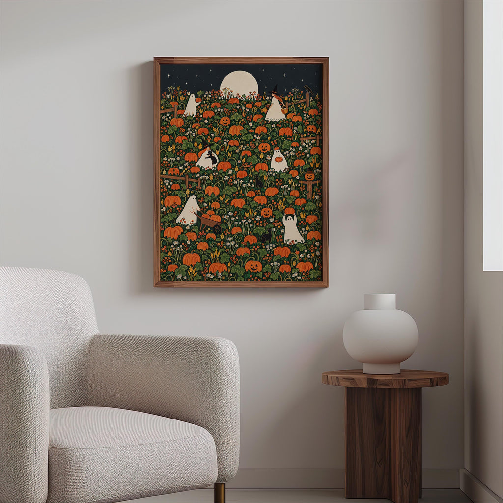 Halloween Pumpkin Patch Wall Art, Whimsical Autumn Harvest Poster, Moonlit Fall Decor, Ghost, Witch, Cat Pumpkin Lover Gift
