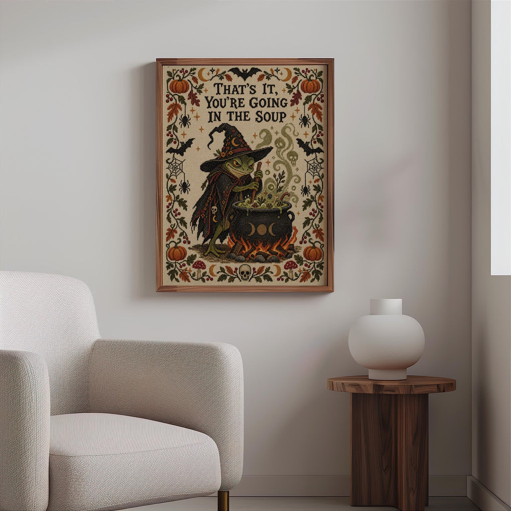 That's It You're Going in the Soup Print, Funny Frog Witch Halloween Wall Art, Vintage Spooky Season Poster, Autumn Fall Decor, Witchy Gift