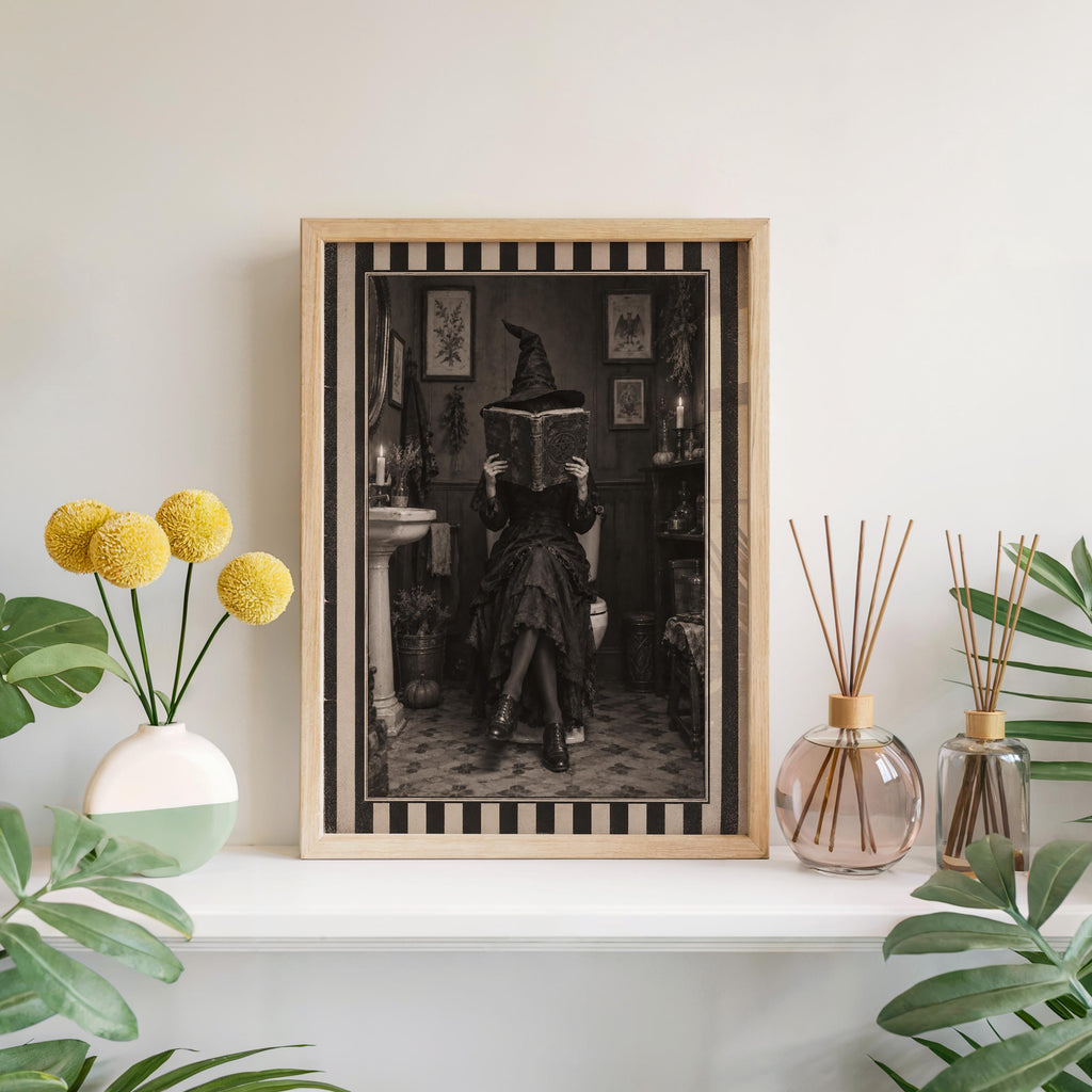 Witch Bathroom Print, Funny Reading Witch Wall Art, Retro Striped Gothic Poster, Spooky Season Home Decor, Halloween Witchy Gift
