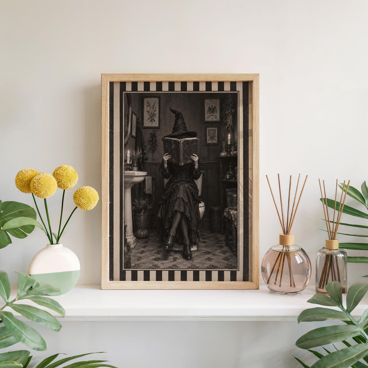 Witch Bathroom Print, Funny Reading Witch Wall Art, Retro Striped Gothic Poster, Spooky Season Home Decor, Halloween Witchy Gift