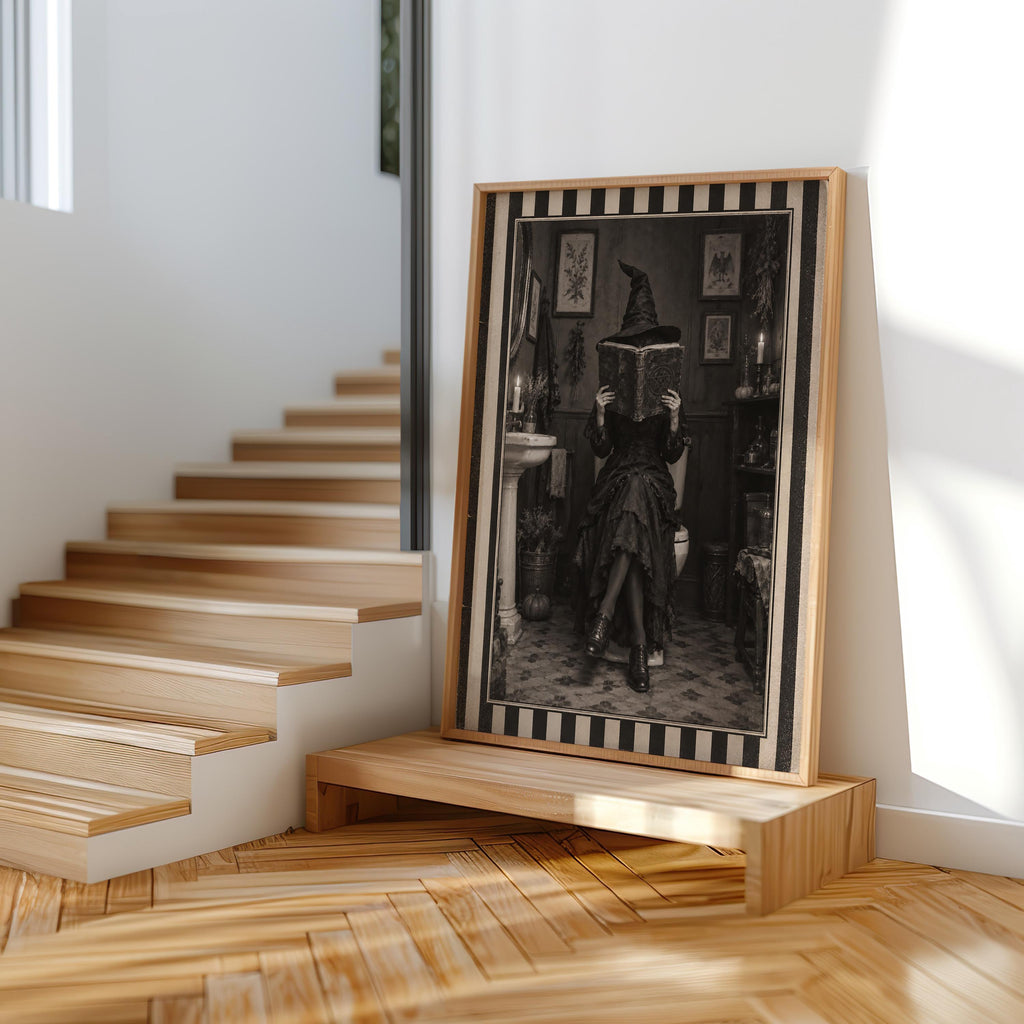 Witch Bathroom Print, Funny Reading Witch Wall Art, Retro Striped Gothic Poster, Spooky Season Home Decor, Halloween Witchy Gift