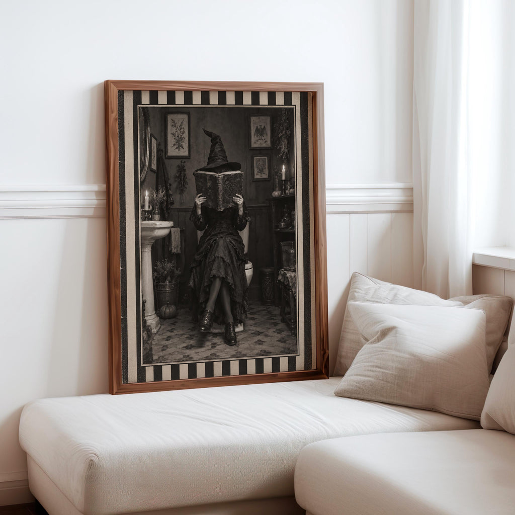 Witch Bathroom Print, Funny Reading Witch Wall Art, Retro Striped Gothic Poster, Spooky Season Home Decor, Halloween Witchy Gift
