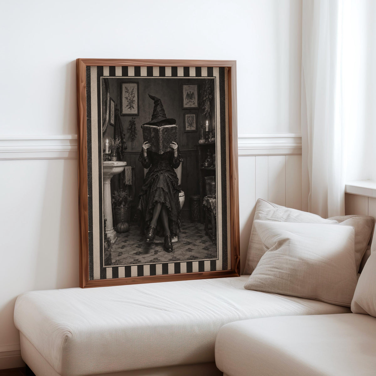 Witch Bathroom Print, Funny Reading Witch Wall Art, Retro Striped Gothic Poster, Spooky Season Home Decor, Halloween Witchy Gift