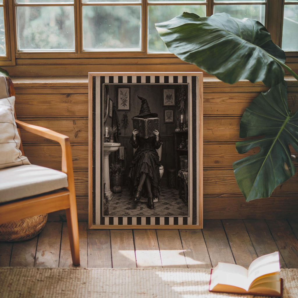 Witch Bathroom Print, Funny Reading Witch Wall Art, Retro Striped Gothic Poster, Spooky Season Home Decor, Halloween Witchy Gift