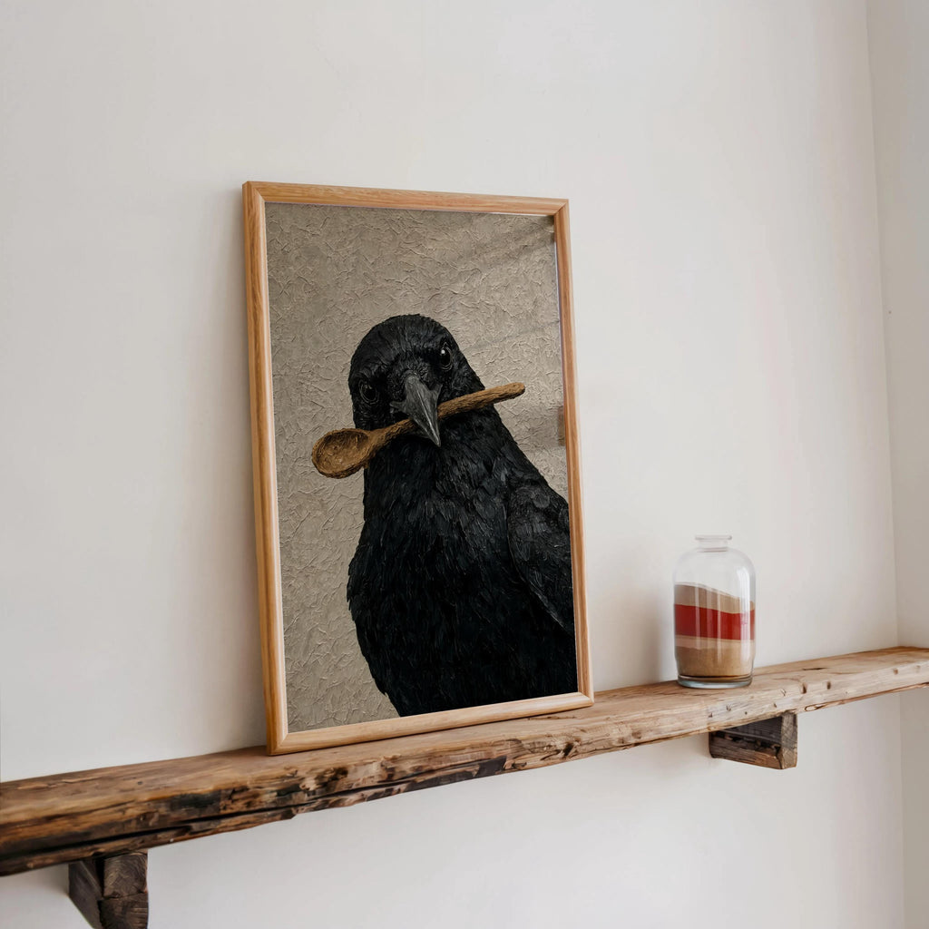 Crow Print, Funny Kitchen Poster, Halloween Spooky Bird Wall Art, Gothic Home Decor, Whimsical Creepy Cute Gift, Dark Witchy Cottage Style