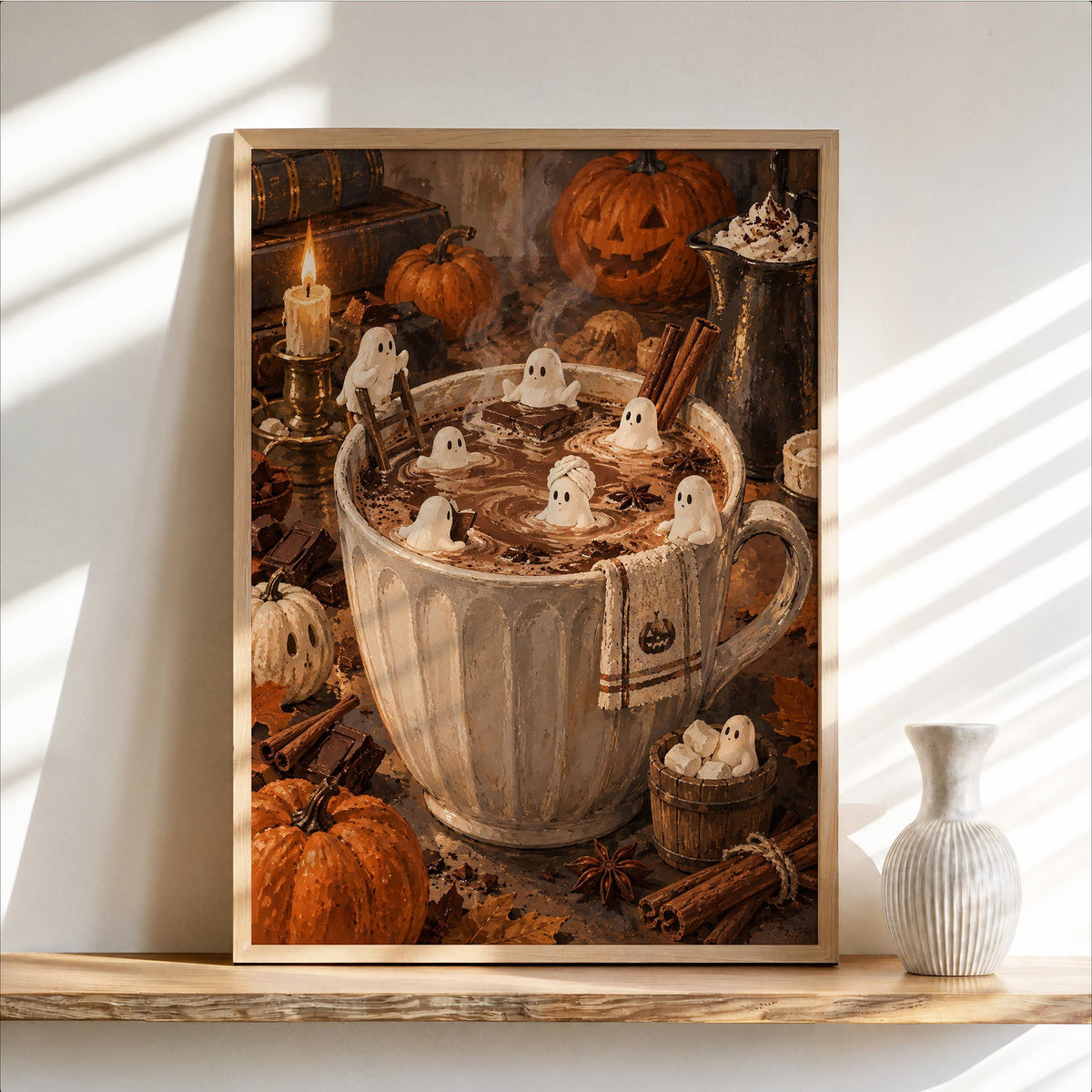 Halloween Hot Chocolate Wall Art, Tiny Marshmallow Ghosts Mug Print, Cozy Fall Decor, Whimsical Spooky Kitchen Poster, Miniature Autumn Gift