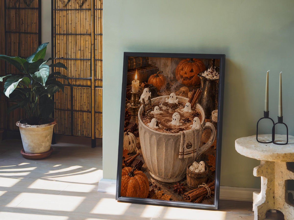 Halloween Hot Chocolate Wall Art, Tiny Marshmallow Ghosts Mug Print, Cozy Fall Decor, Whimsical Spooky Kitchen Poster, Miniature Autumn Gift