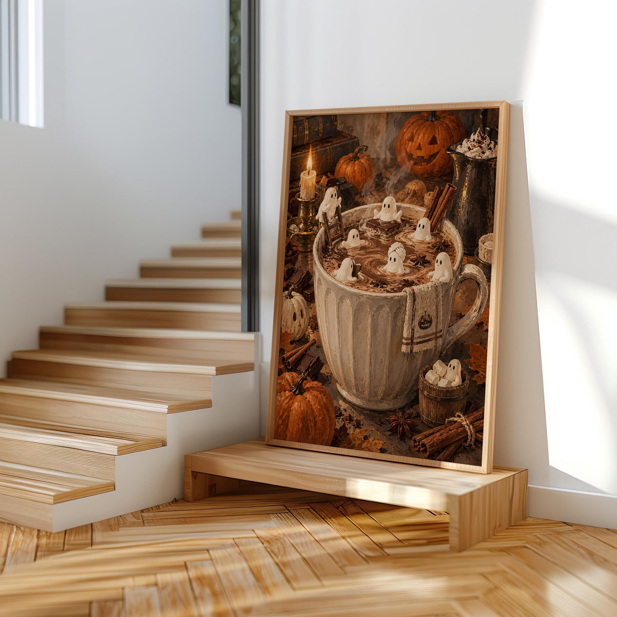 Halloween Hot Chocolate Wall Art, Tiny Marshmallow Ghosts Mug Print, Cozy Fall Decor, Whimsical Spooky Kitchen Poster, Miniature Autumn Gift