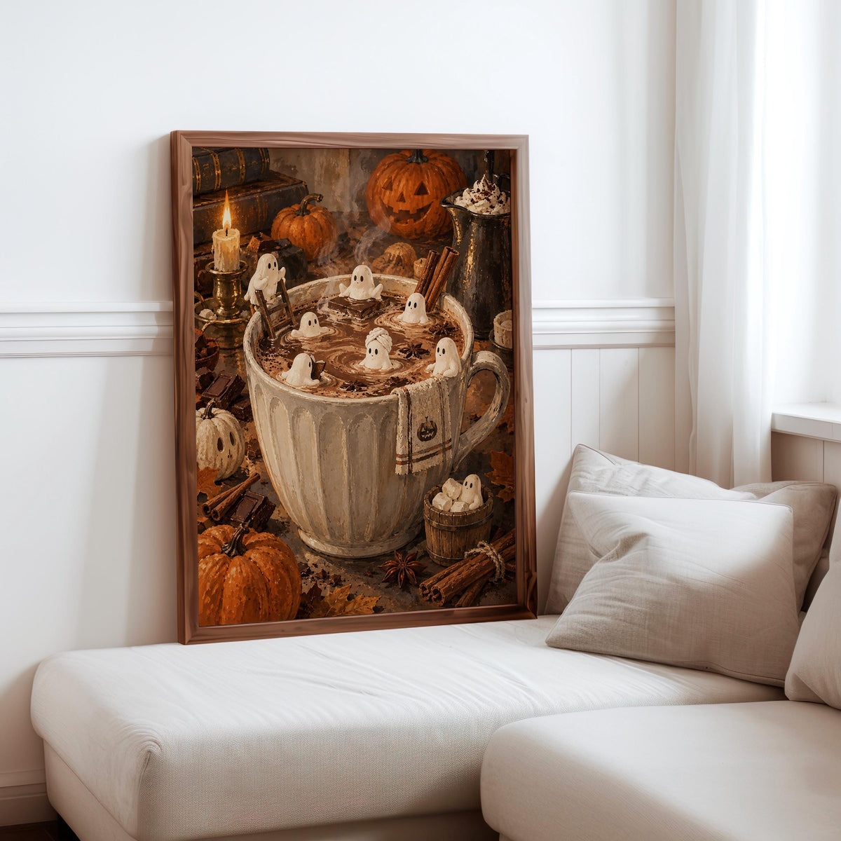 Halloween Hot Chocolate Wall Art, Tiny Marshmallow Ghosts Mug Print, Cozy Fall Decor, Whimsical Spooky Kitchen Poster, Miniature Autumn Gift