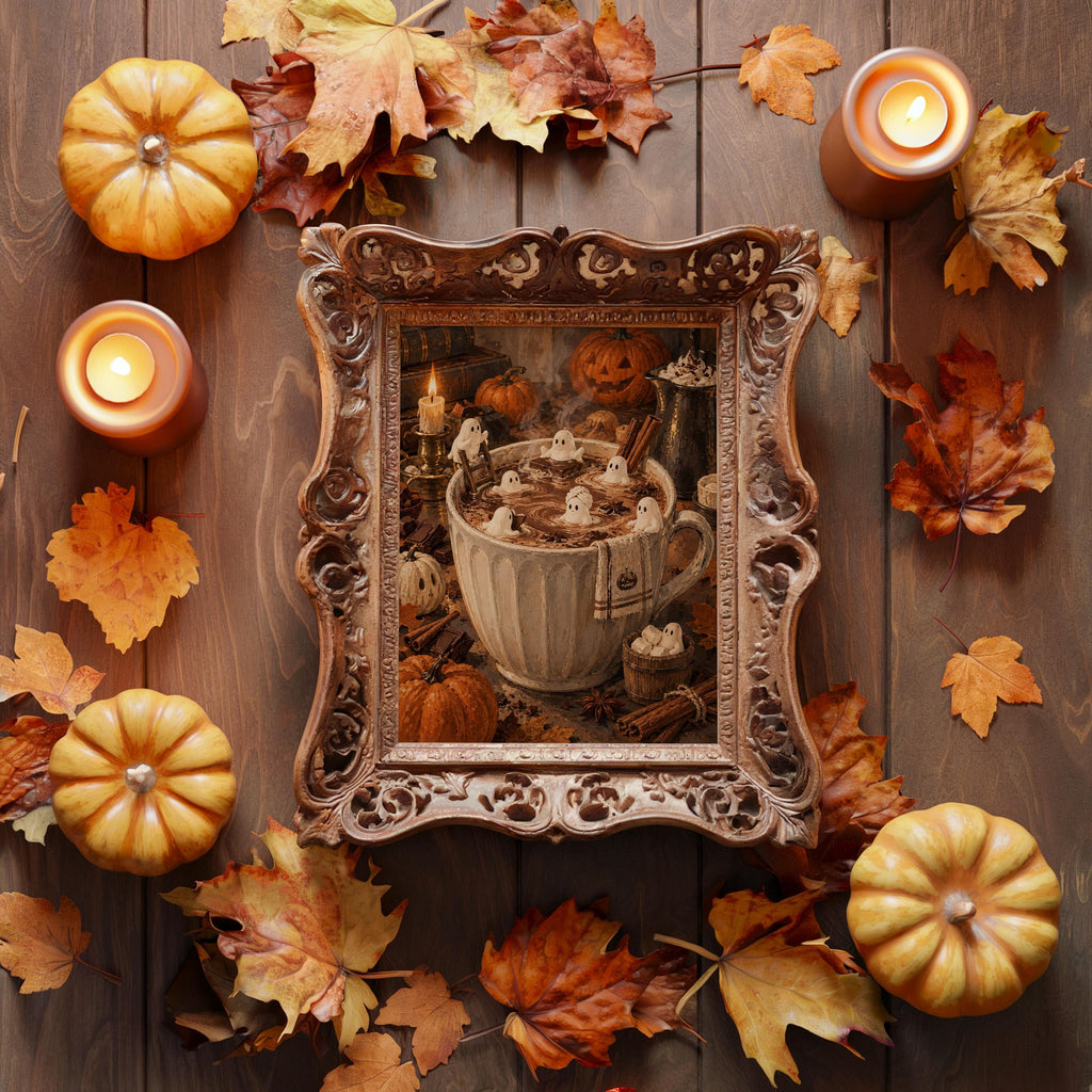 Halloween Hot Chocolate Wall Art, Tiny Marshmallow Ghosts Mug Print, Cozy Fall Decor, Whimsical Spooky Kitchen Poster, Miniature Autumn Gift
