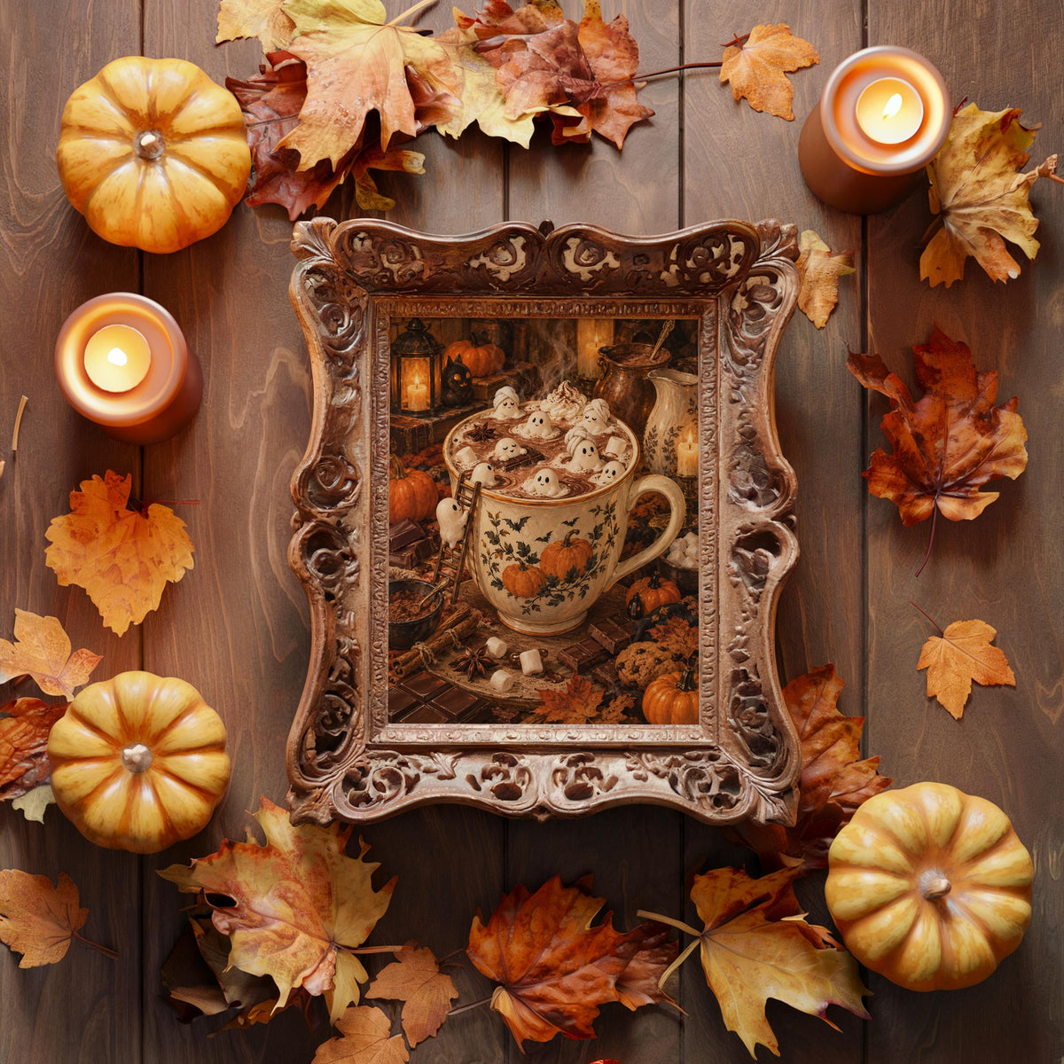 Halloween tiny people print placed in an ornate frame with pumpkins and autumn leaves, Halloween hot chocolate print vignette