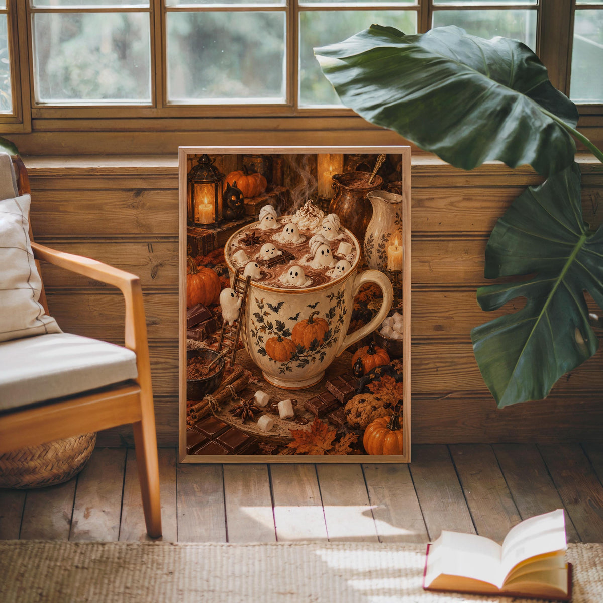 Halloween tiny people print on a wooden side table by a window, autumn coffee bar decor and plant nearby