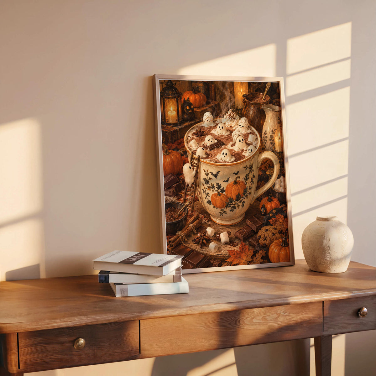 Halloween tiny people print on a sunlit desk with a ceramic orb and books, cozy cocoa wall art atmosphere