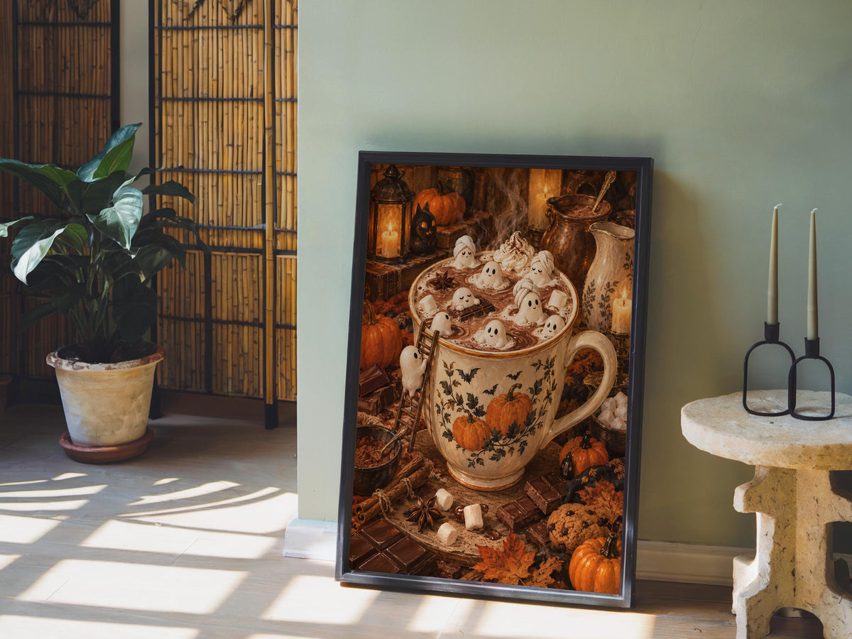 Halloween tiny people print leaning near houseplants, marshmallow ghost art details and autumnal tones visible