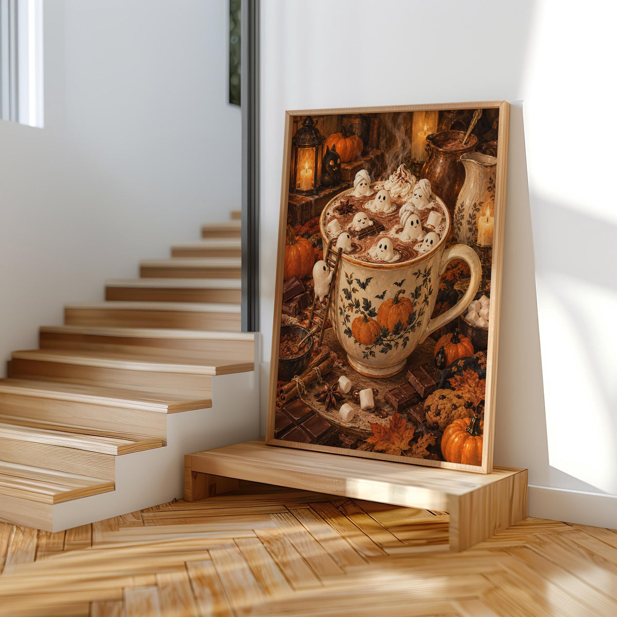 Halloween tiny people print standing at the foot of stairs, whimsical Halloween print in a minimalist entryway