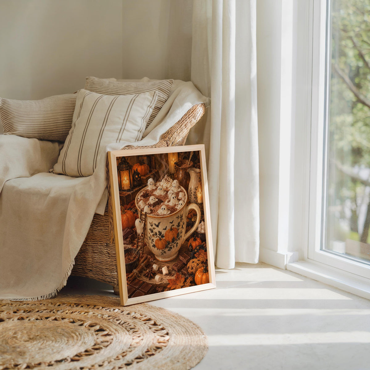Halloween tiny people print tucked beside a sofa with sunlight and textured rug, fall kitchen wall art feel