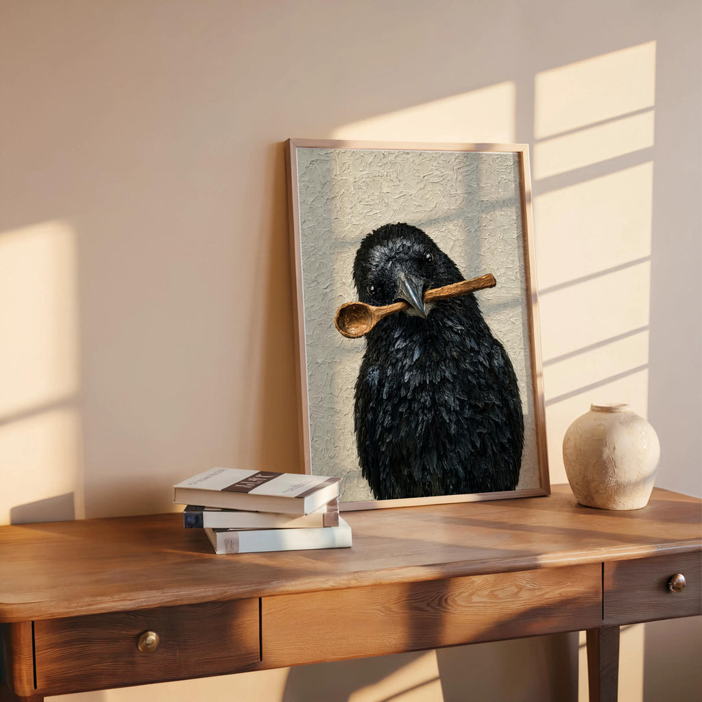 Funny crow art print propped on a wooden desk, warm sunlight, ceramic vase and stacked books for cozy styling