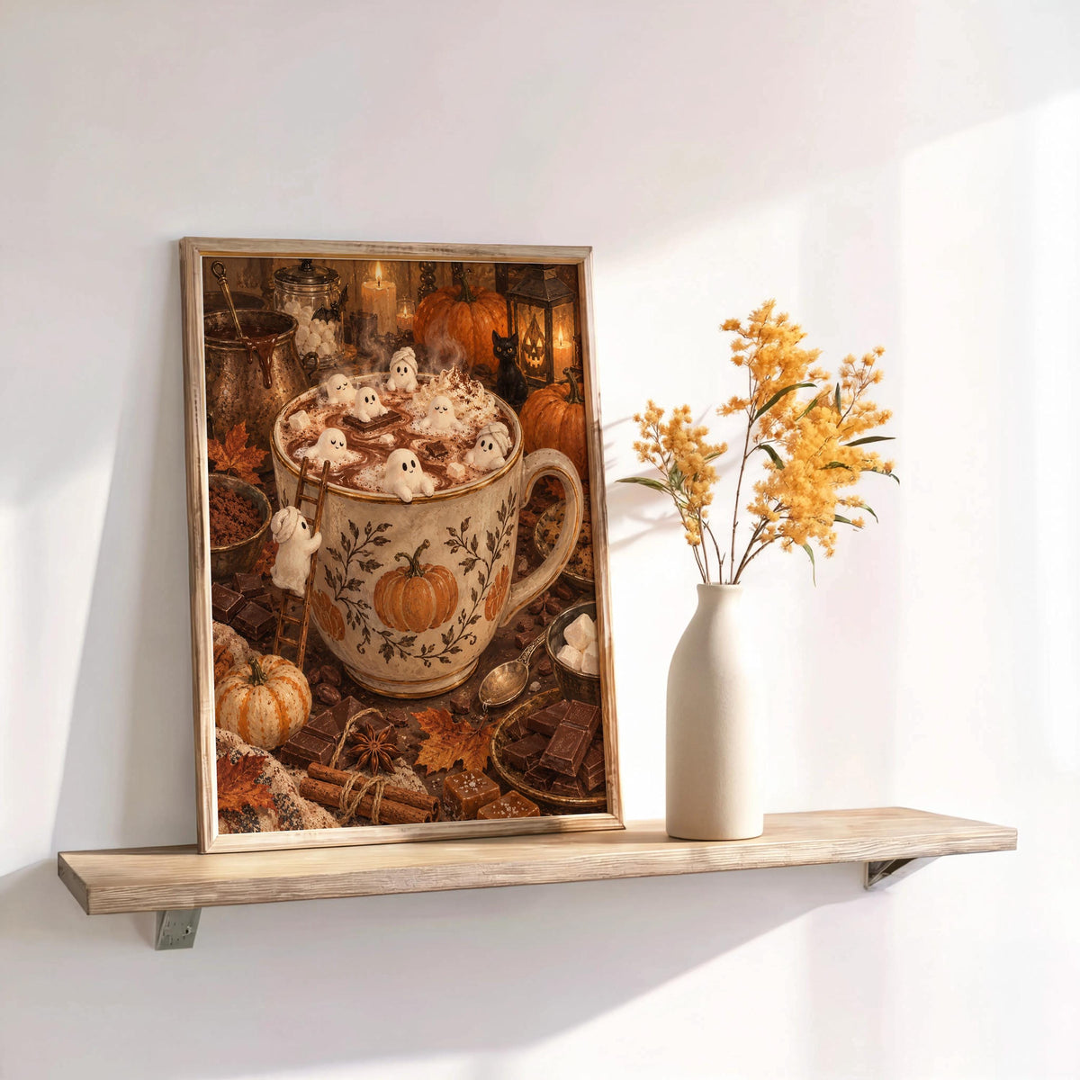Halloween hot cocoa wall art leaning on a shelf with a dried flower vase, sunlit cozy scene