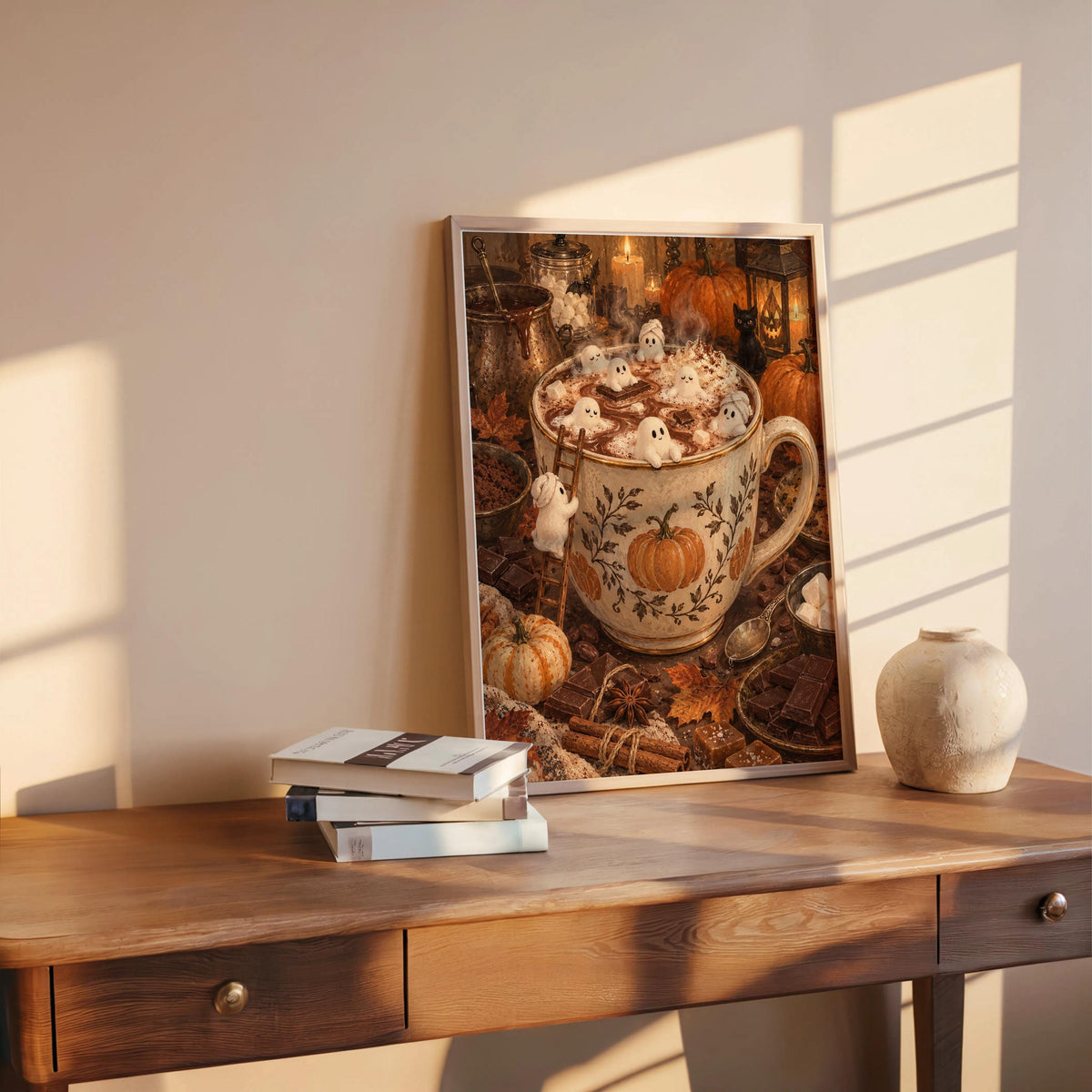 Cozy Halloween poster on a wooden desk with stacked books and a clay vase, ideal spooky coffee bar decor