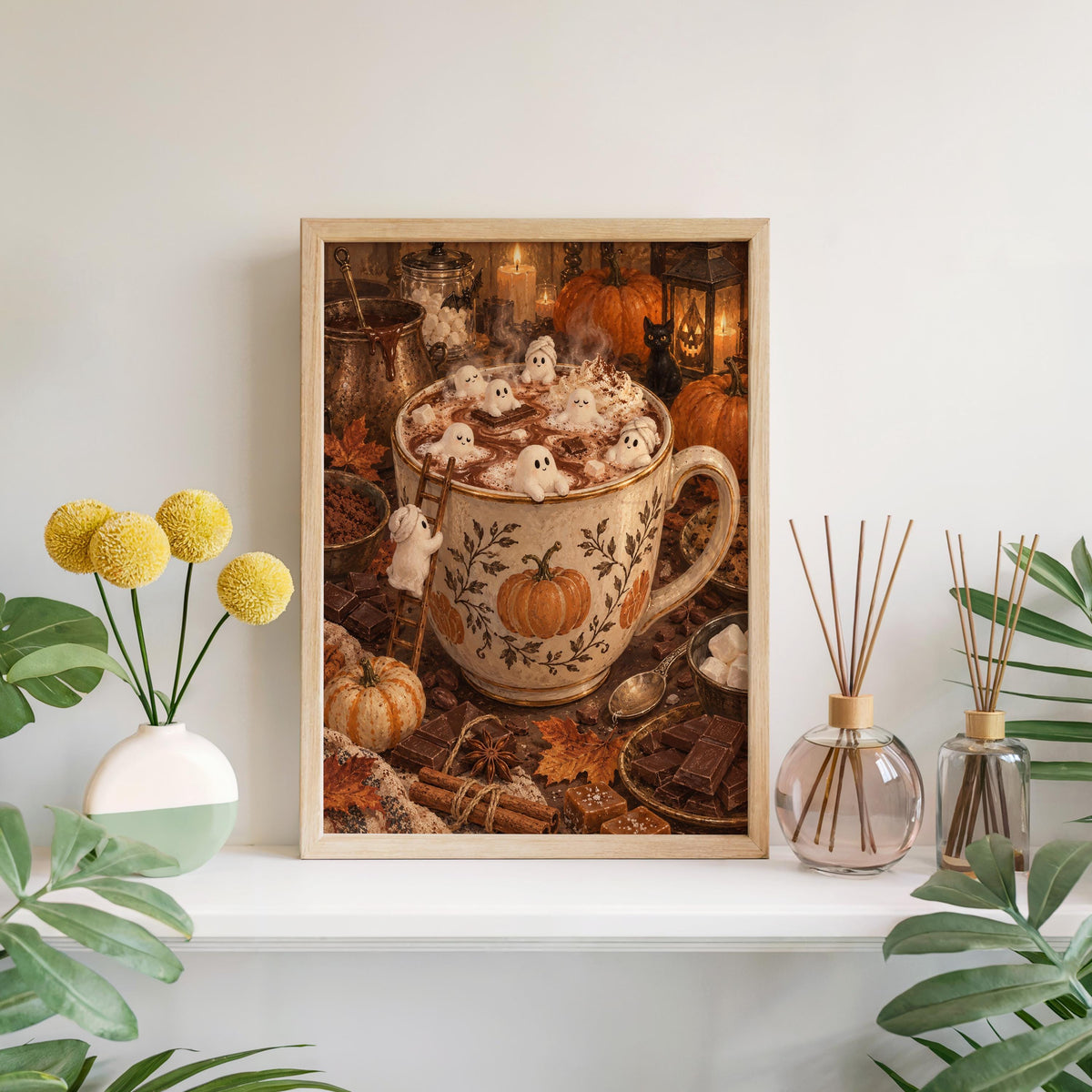 Framed hot cocoa wall print centered above a shelf with yellow blooms, vintage Halloween art print vibe