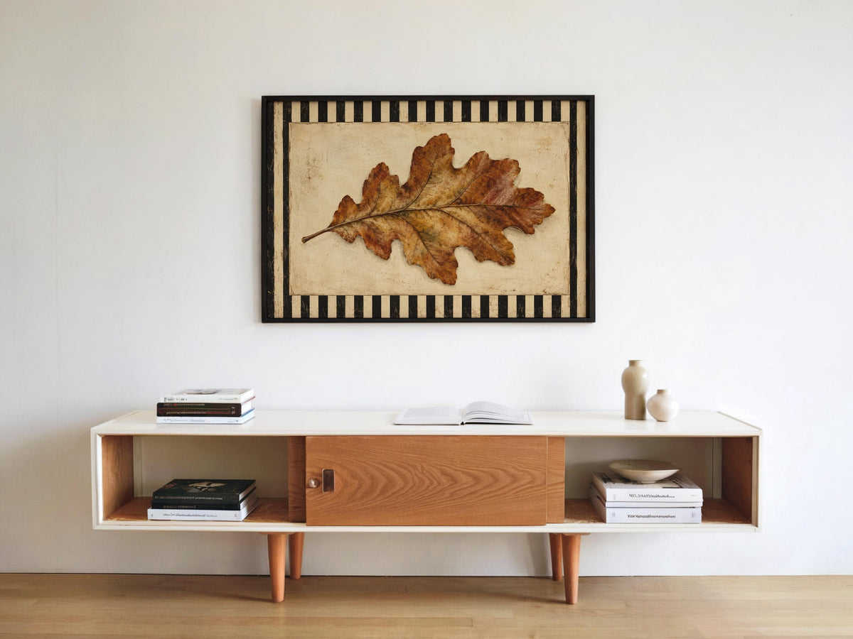 Autumn Oak Leaf Print, Rustic Retro Wall Art, Antique Botanical Poster, Black & White Striped Decor, Farmhouse Fall Gift
