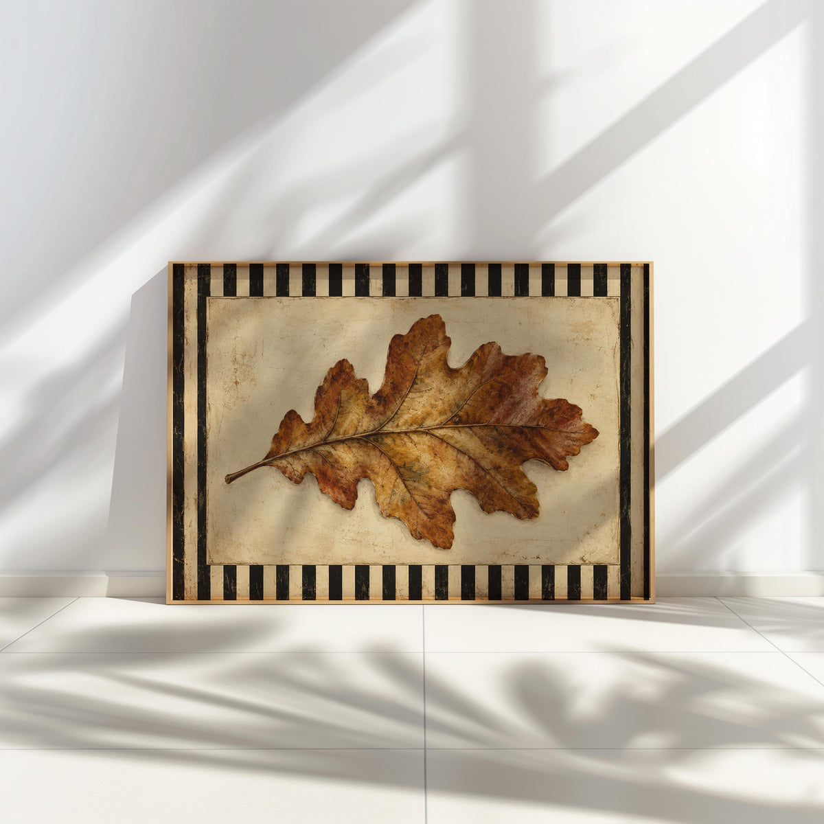 Autumn Oak Leaf Print, Rustic Retro Wall Art, Antique Botanical Poster, Black & White Striped Decor, Farmhouse Fall Gift