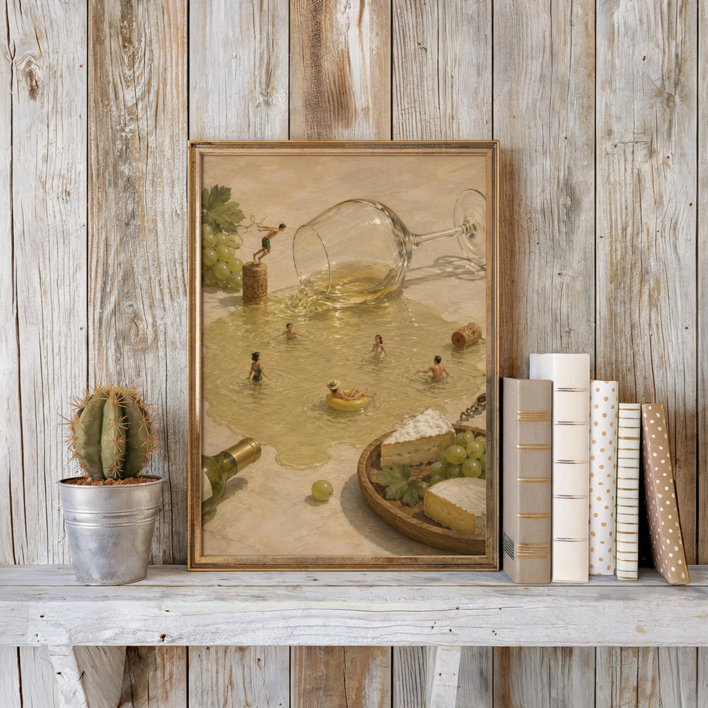 Tiny People Swimming in Wine, Surreal White Wine Poster, French Kitchen Art, Cheese & Grapes Print, Whimsical Dining Room Decor
