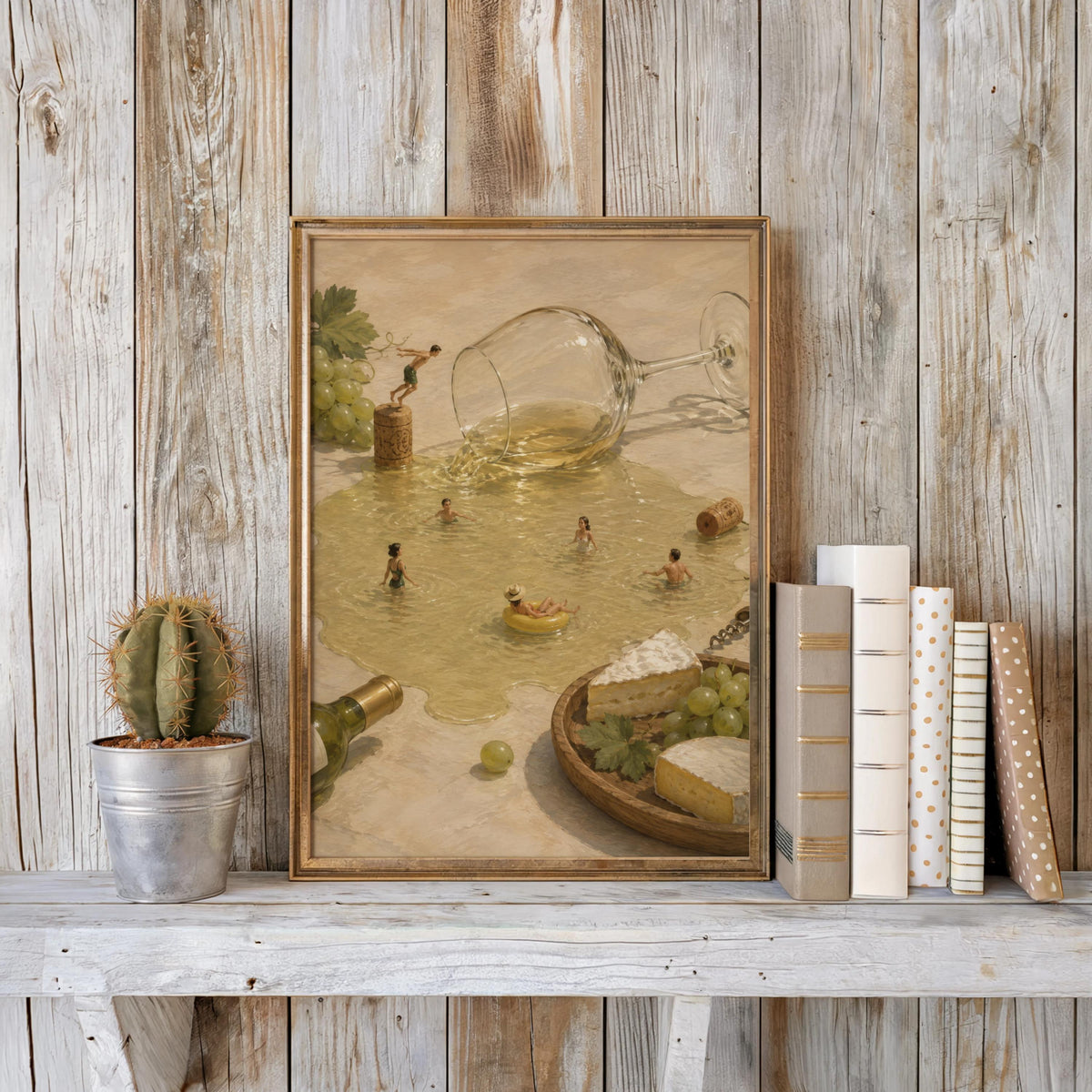 Tiny People Swimming in Wine, Surreal White Wine Poster, French Kitchen Art, Cheese & Grapes Print, Whimsical Dining Room Decor
