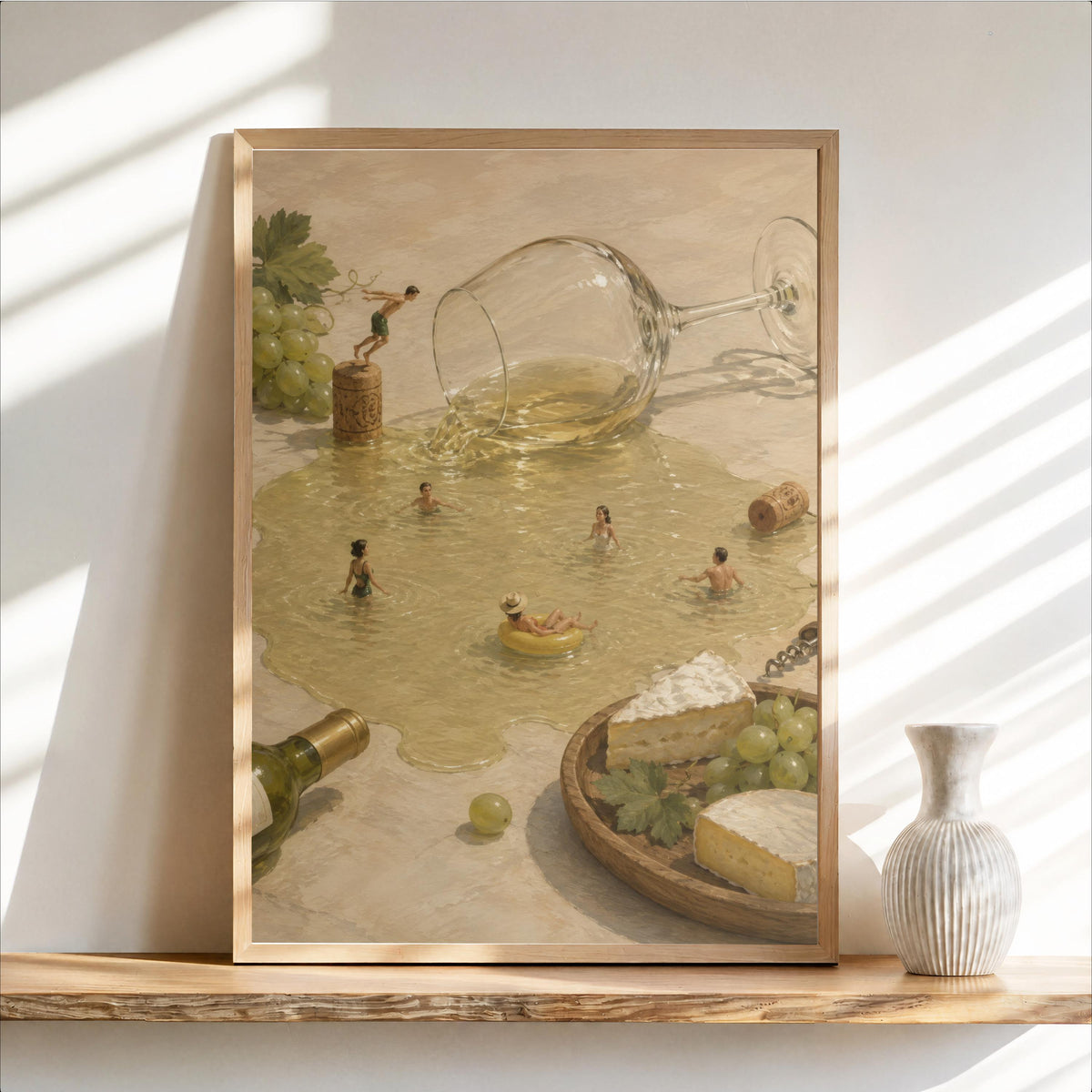Tiny People Swimming in Wine, Surreal White Wine Poster, French Kitchen Art, Cheese & Grapes Print, Whimsical Dining Room Decor