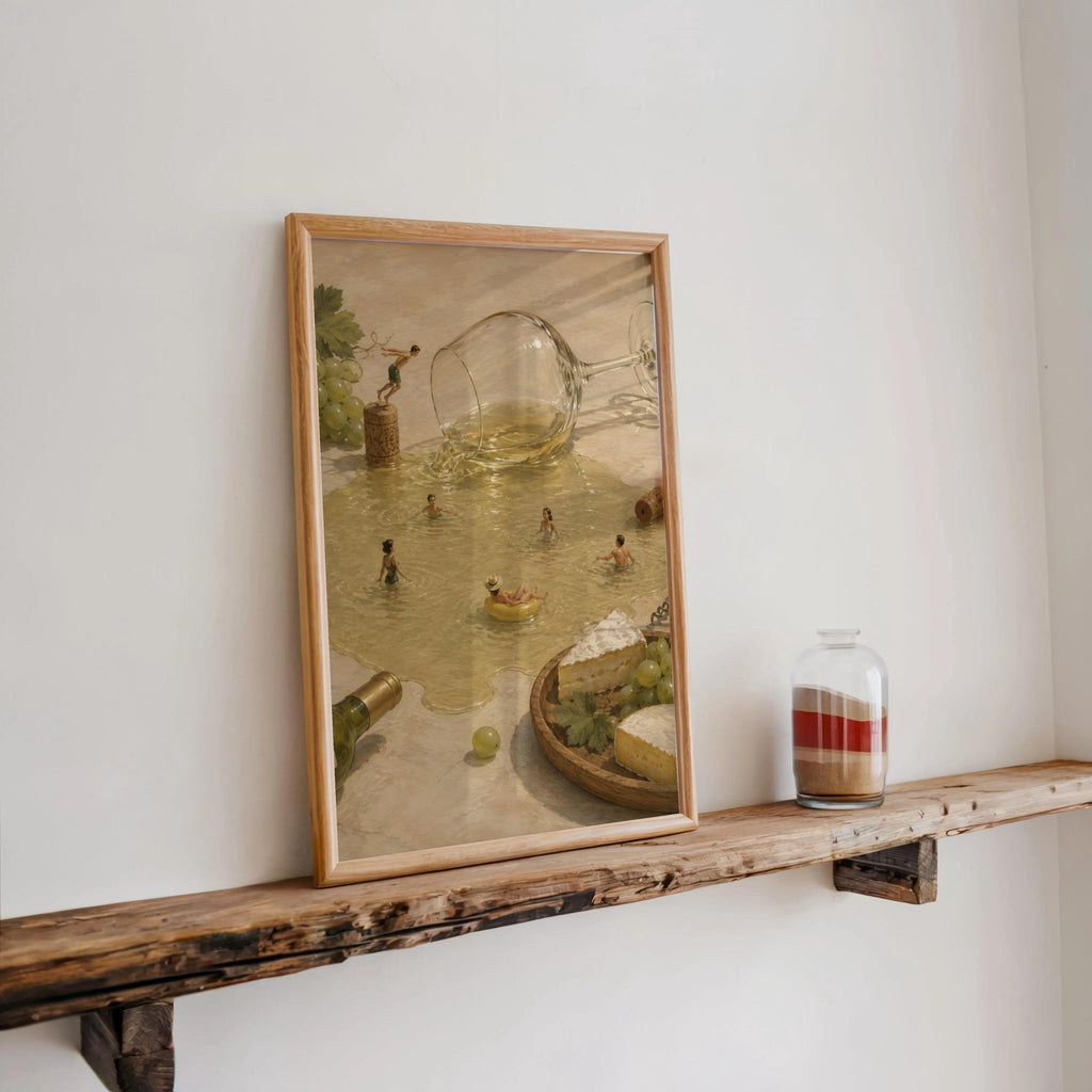 Tiny People Swimming in Wine, Surreal White Wine Poster, French Kitchen Art, Cheese & Grapes Print, Whimsical Dining Room Decor