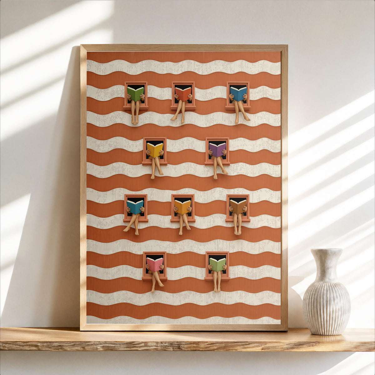 Reading Women Poster, Vintage Trippy Book Artwork, Abstract Eclectic Stripe Print, Legs out of Window Library Decor, Bookworm Wall Art, Gift