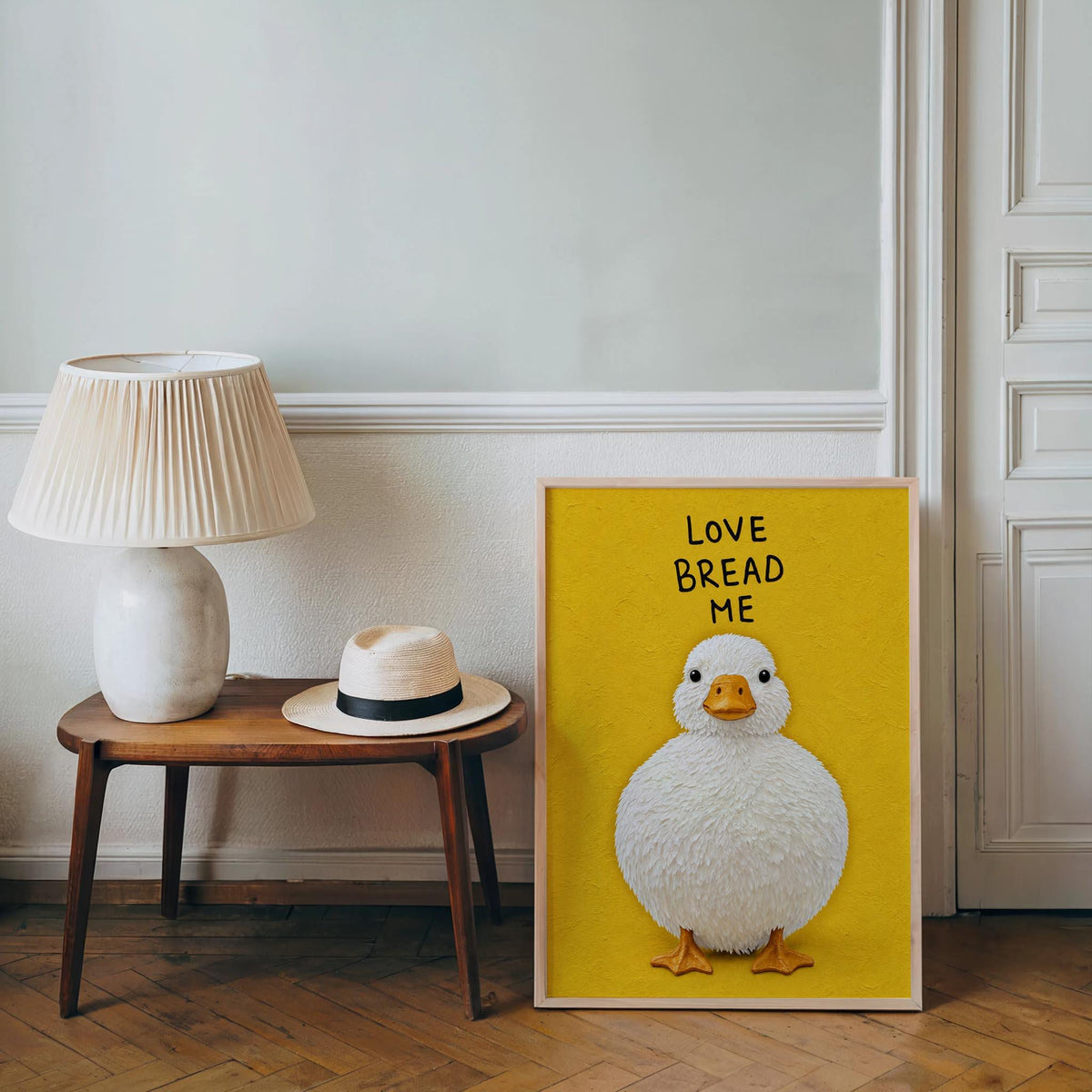 Love Bread Me Duck Wall Art, Funny Kitchen Quote Poster, Round Chubby Fluffy Duck Illustration, Farmhouse Bird Print