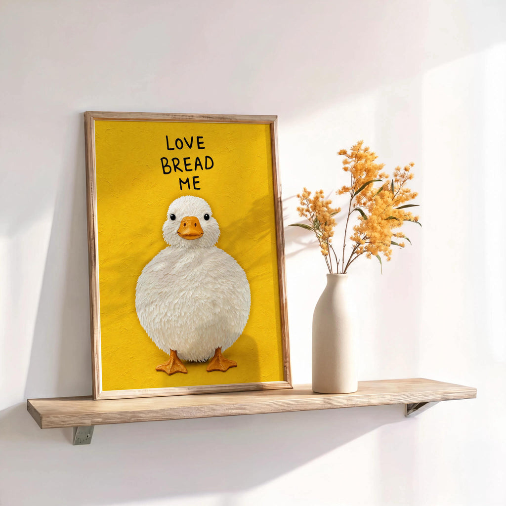 Love Bread Me Duck Wall Art, Funny Kitchen Quote Poster, Round Chubby Fluffy Duck Illustration, Farmhouse Bird Print