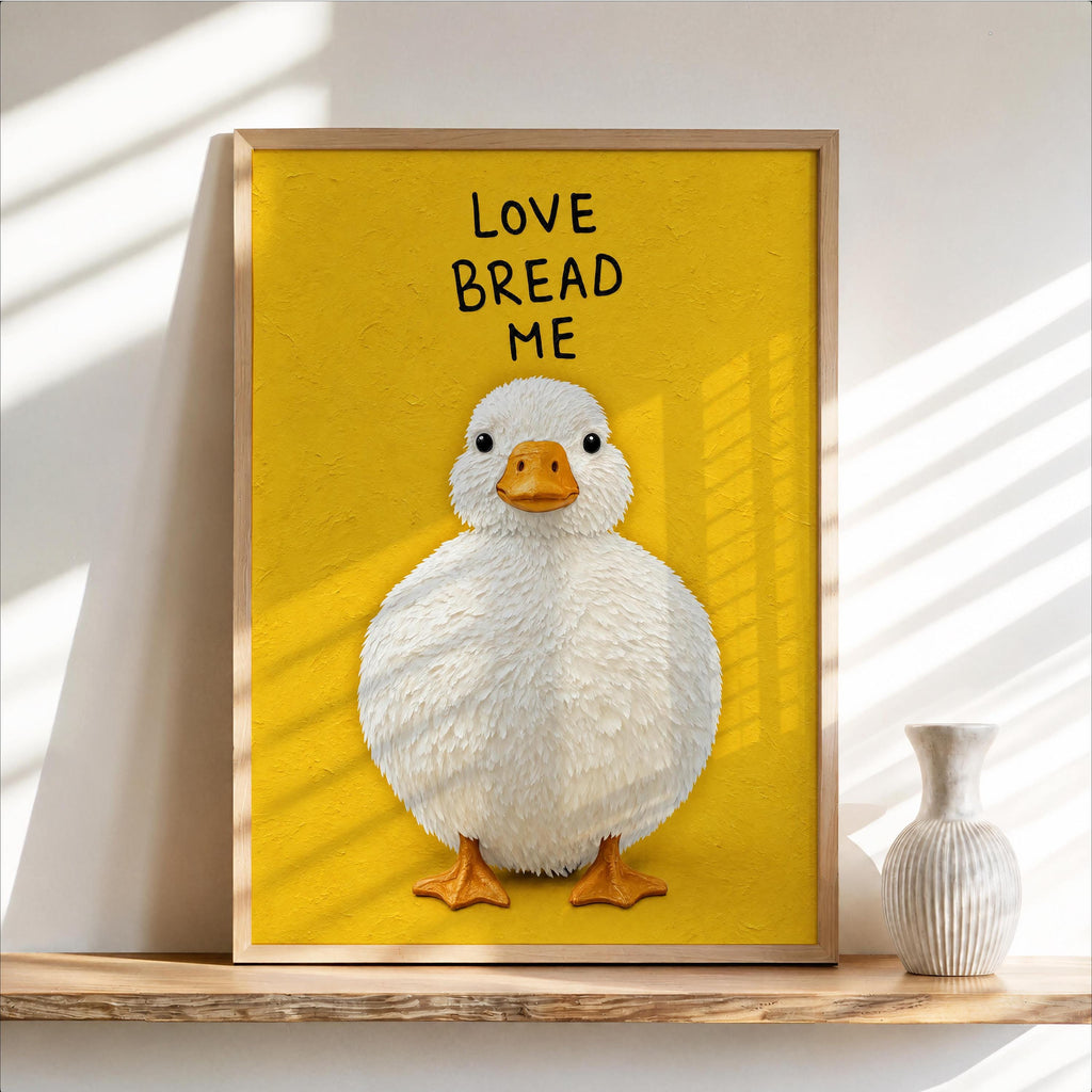 Love Bread Me Duck Wall Art, Funny Kitchen Quote Poster, Round Chubby Fluffy Duck Illustration, Farmhouse Bird Print