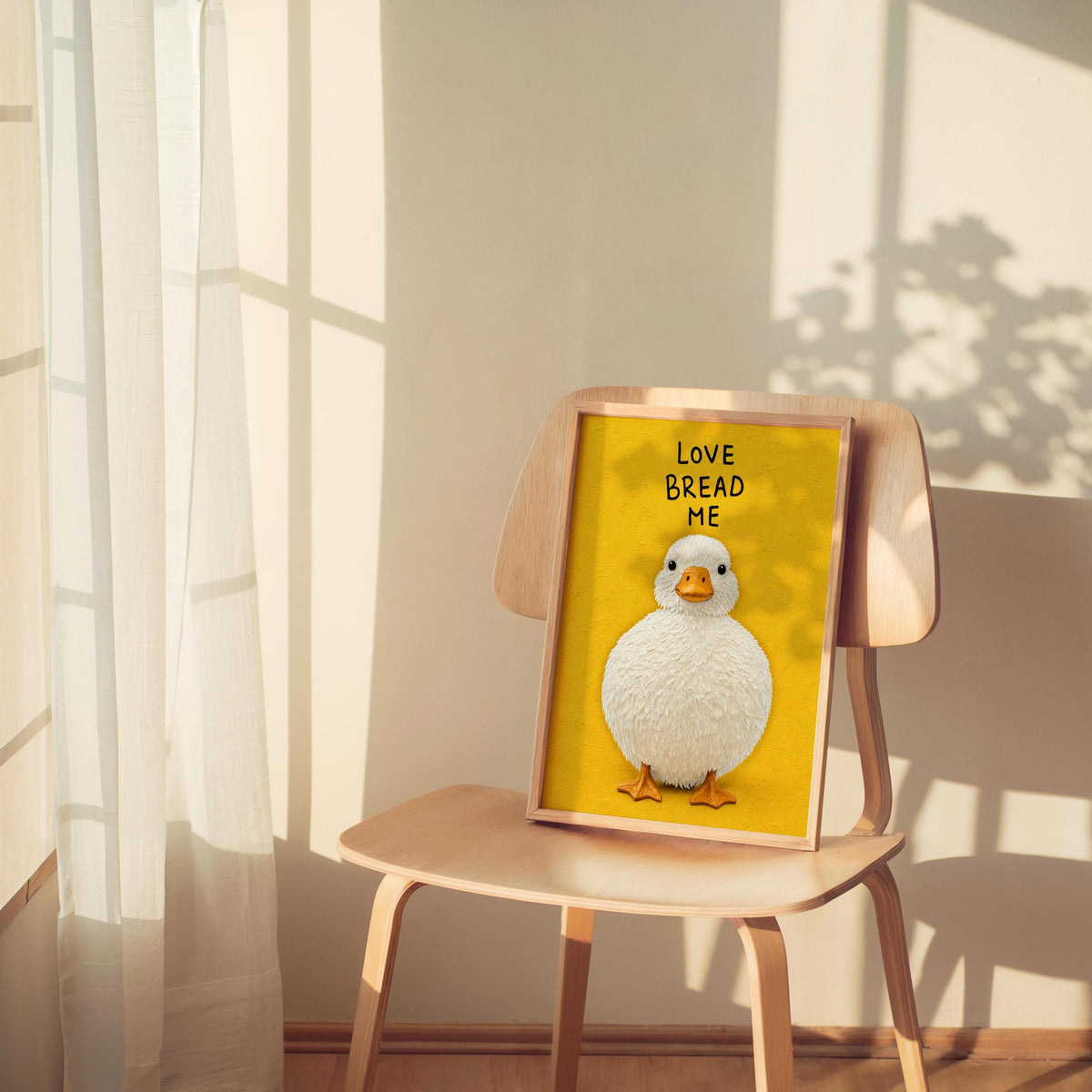 Love Bread Me Duck Wall Art, Funny Kitchen Quote Poster, Round Chubby Fluffy Duck Illustration, Farmhouse Bird Print