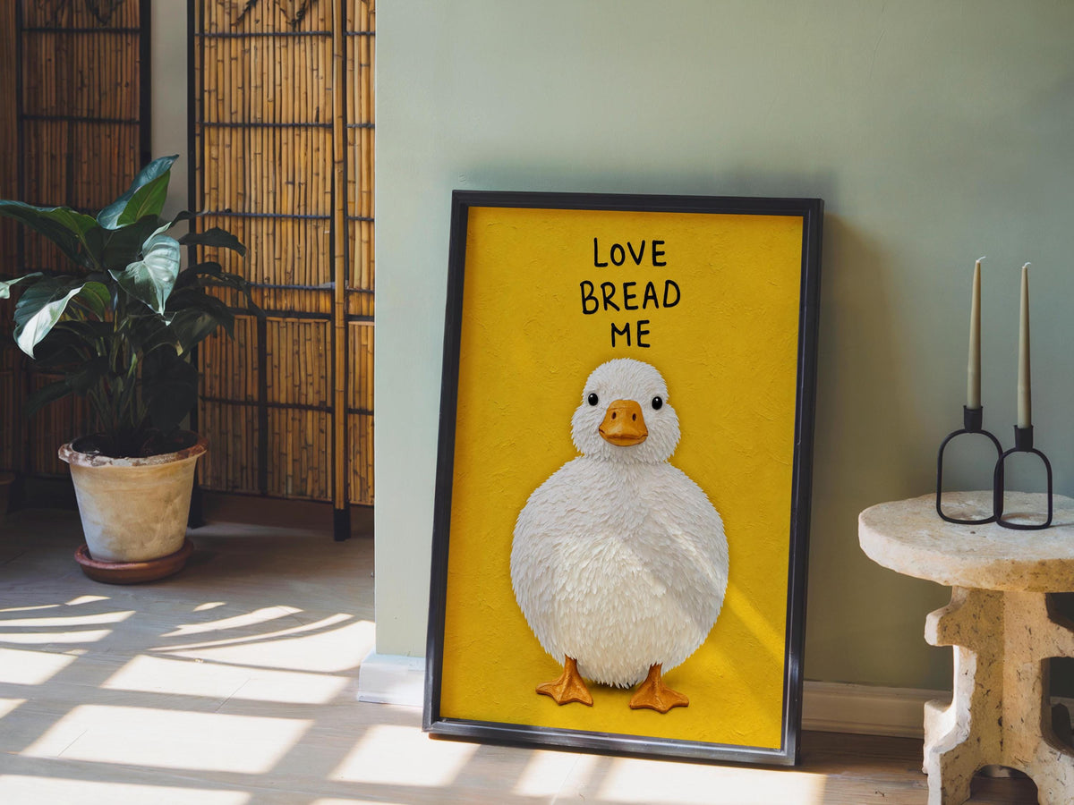 Love Bread Me Duck Wall Art, Funny Kitchen Quote Poster, Round Chubby Fluffy Duck Illustration, Farmhouse Bird Print