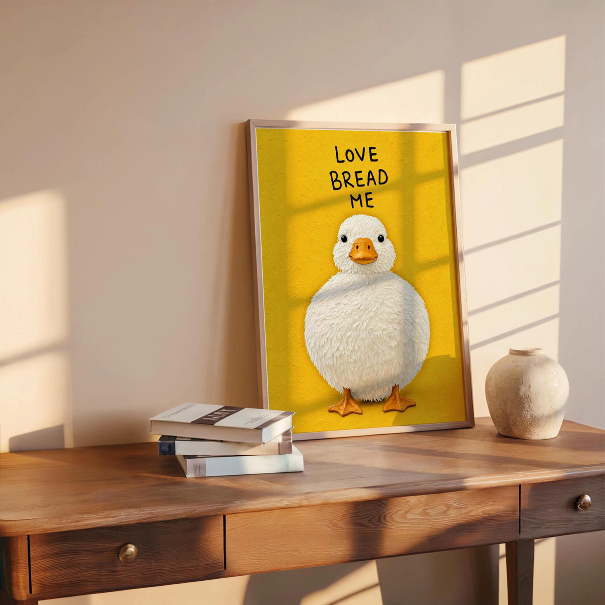 Love Bread Me Duck Wall Art, Funny Kitchen Quote Poster, Round Chubby Fluffy Duck Illustration, Farmhouse Bird Print