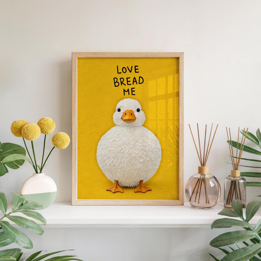 Love Bread Me Duck Wall Art, Funny Kitchen Quote Poster, Round Chubby Fluffy Duck Illustration, Farmhouse Bird Print