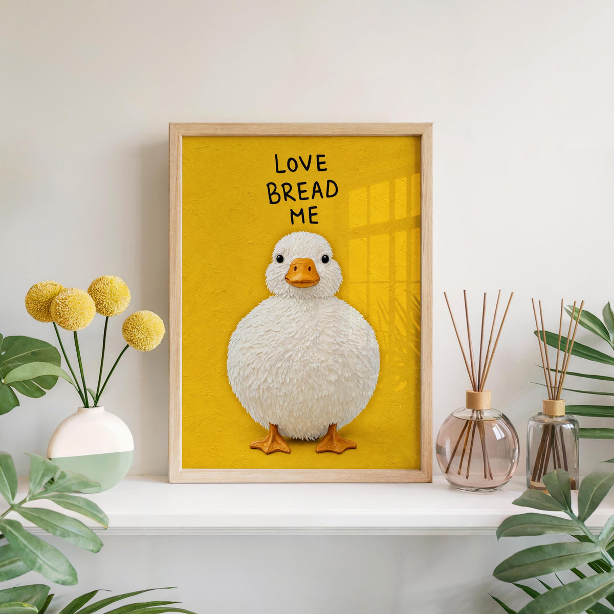 Love Bread Me Duck Wall Art, Funny Kitchen Quote Poster, Round Chubby Fluffy Duck Illustration, Farmhouse Bird Print