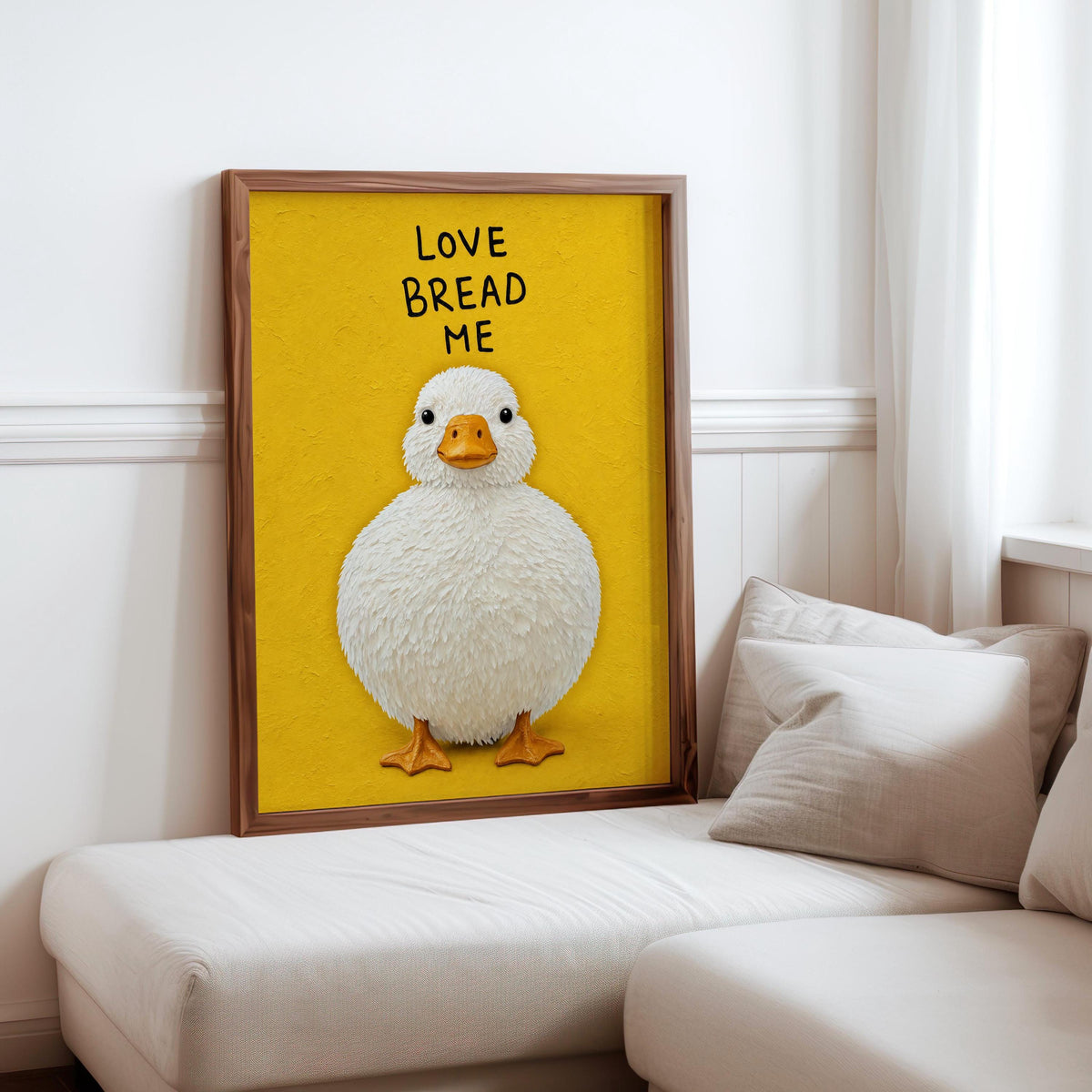 Love Bread Me Duck Wall Art, Funny Kitchen Quote Poster, Round Chubby Fluffy Duck Illustration, Farmhouse Bird Print