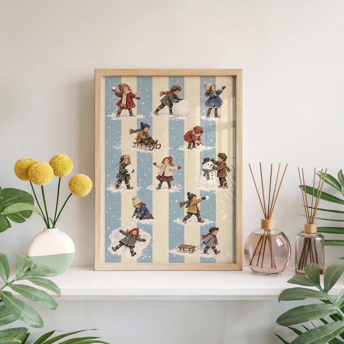 Vintage Winter Children Wall Art, Victorian Snow Day Print, Blue Stripe Nursery Christmas Decor, Retro Holiday Pattern Poster