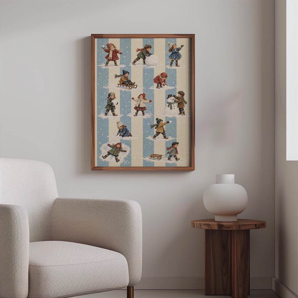 Vintage Winter Children Wall Art, Victorian Snow Day Print, Blue Stripe Nursery Christmas Decor, Retro Holiday Pattern Poster